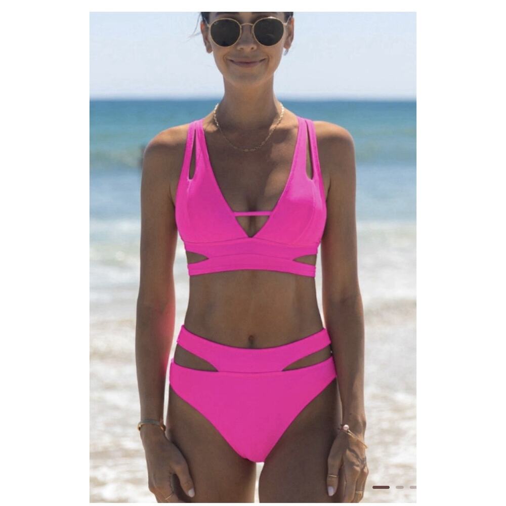 NWT Two Piece Hot Pink Popvil Cut Out Swimsuit Bikini Mid Waist Size Small